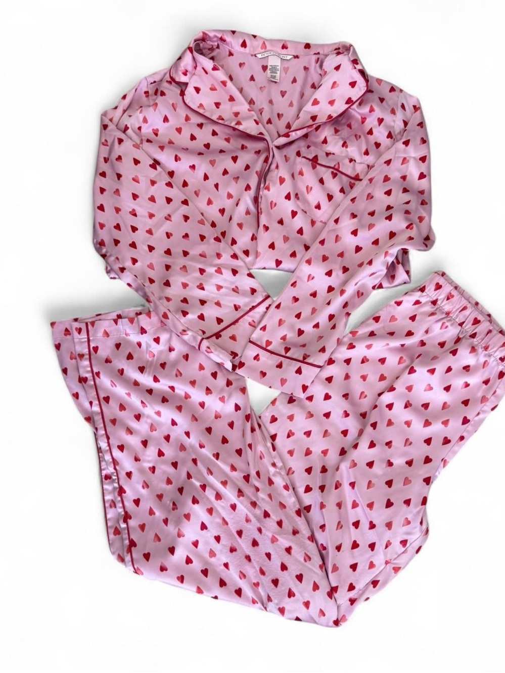 Victoria's Secret Pink and Red Heart Satin Pajama Set